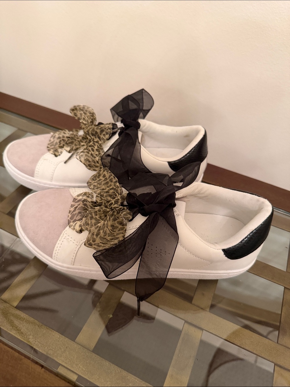 Universal Thread White Sneakers with Pink Toe, Black Heel and Leopard Bow
